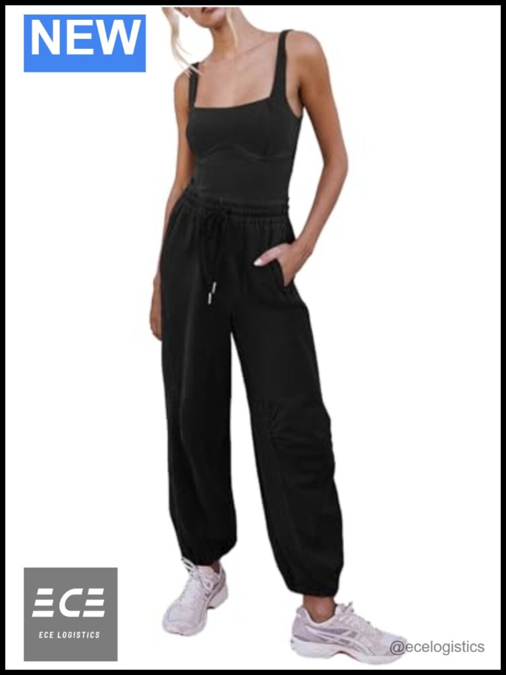Women Sleeveless Jumpsuit One Piece Drawstring Waist Pockets Casual